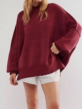 Free People Easy Street Small Burgundy Oversized Knit Crewneck Pullover Sweater